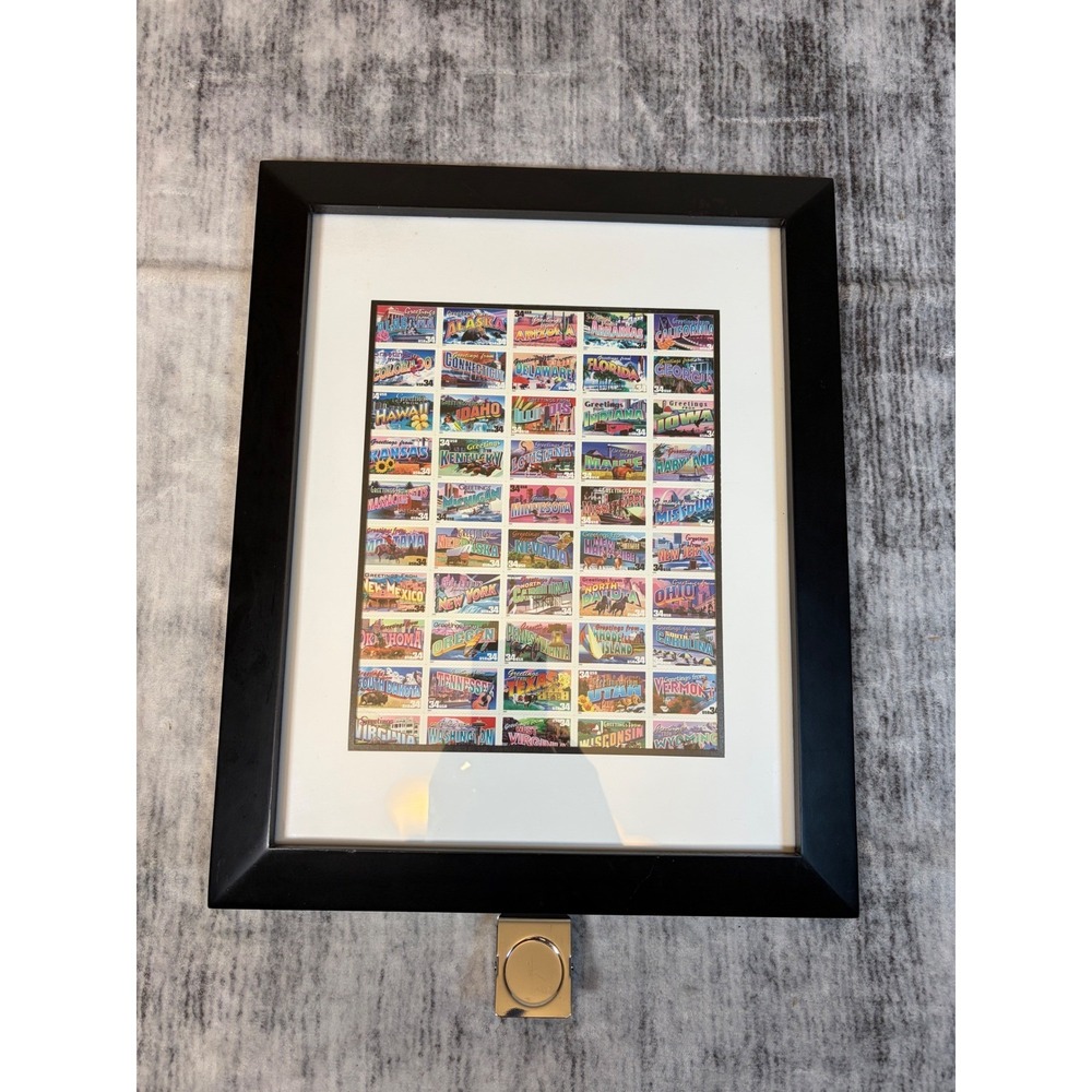 USPS Greetings From America 50 State 34 Cent Stamp Sheet Framed Art 14x18
